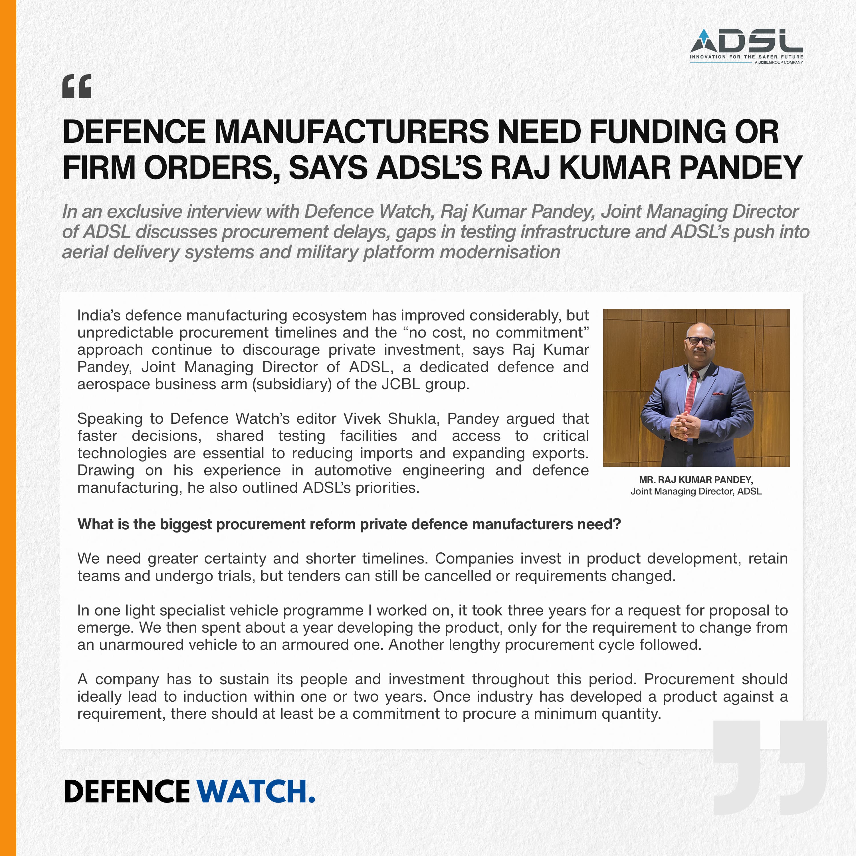 Defence manufacturers need funding or firm orders, says ADSL’s Raj Kumar Pandey