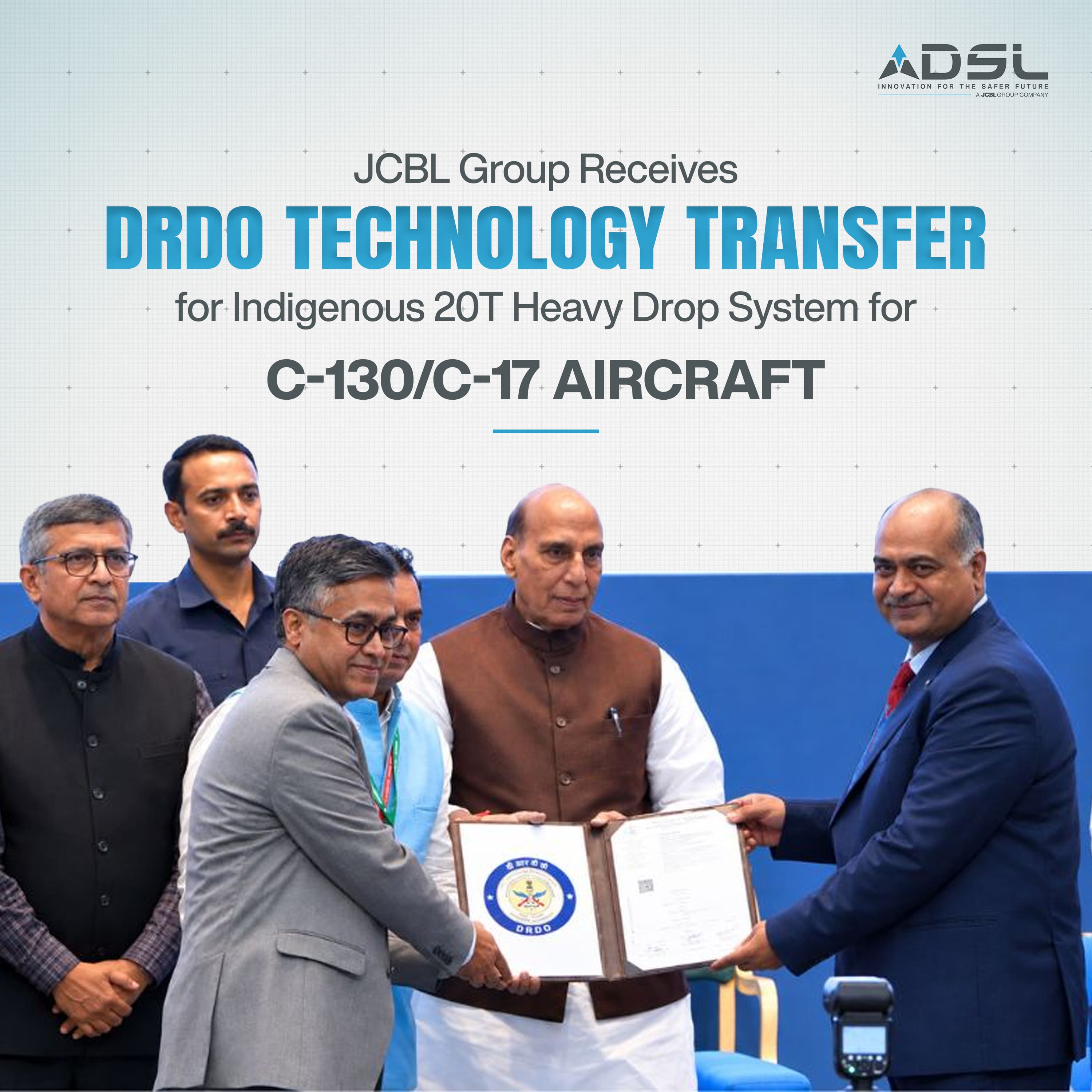JCBL Group Receives DRDO Technology Transfer for Indigenous 20T Heavy Drop System for C-130/C-17 Aircraft